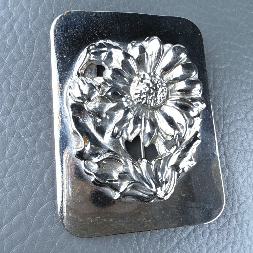Vintage Sash Pin C Clasp Brooch‎ Daisy Sunflower Silver Tone Open Work Repousse
